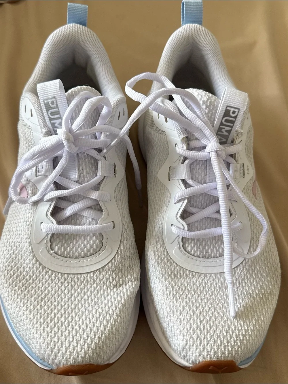 Puma Women's White Running Shoes with Pink Logo and Blue Trim
